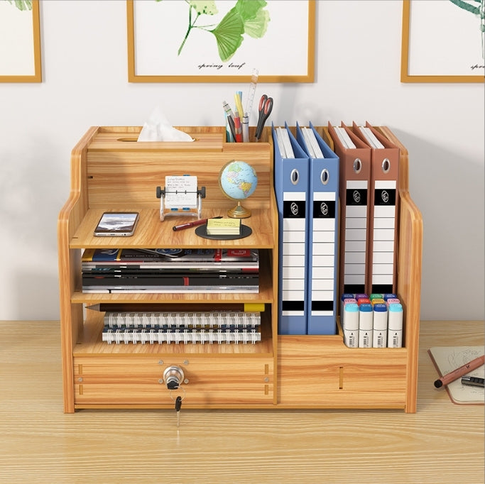Multi Layer Wood Lockable File Drawer Desktop Storage Box Work