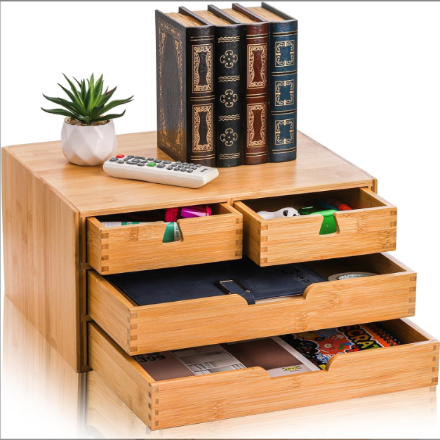 Natural Bamboo Desk Organizer With 4 Drawers Multi Functional